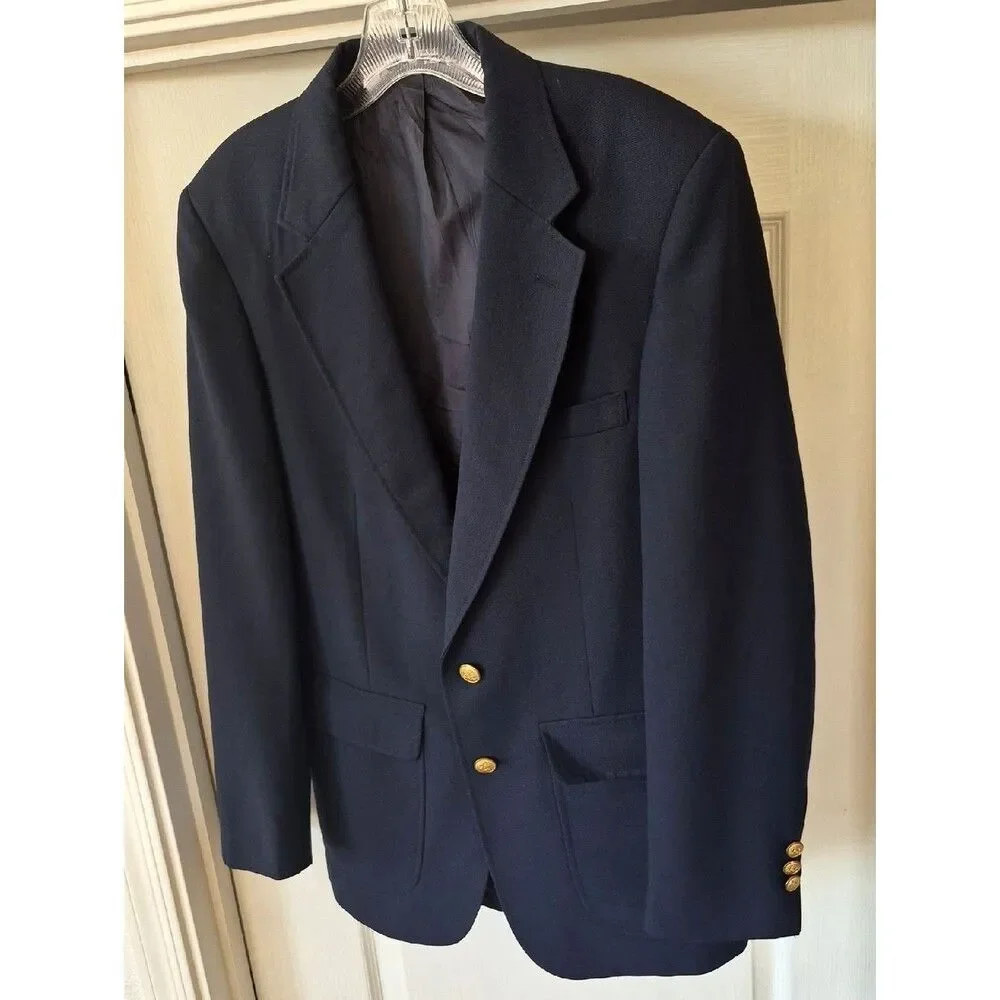 Stafford Vtg. Wool Smooth Blazer with Gold Medallion Buttons Size 40 R